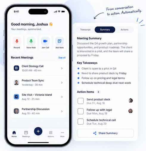 LogPal AI home screen and meeting summary on a phone